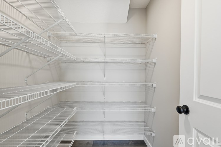 Empty white shelves in a pantry.