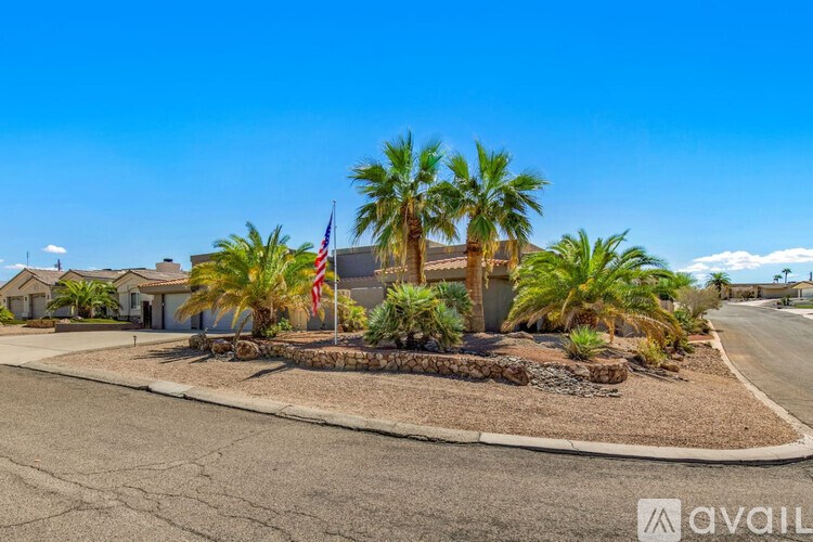 A house with a palm tree in front and an American flag on the lawn.