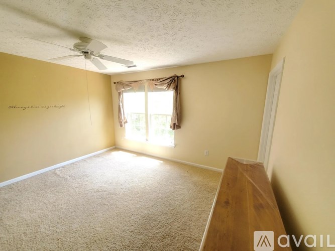 A room with a carpeted floor, a ceiling fan, and a window with curtains.