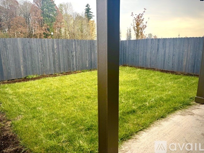 A backyard with a wooden fence and a green lawn.