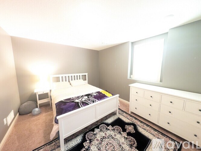 A bedroom with a white bed, a white dresser, and a black and white rug.