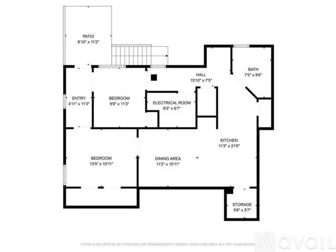 A floor plan of a house with a patio, bath, and various rooms with their dimensions.