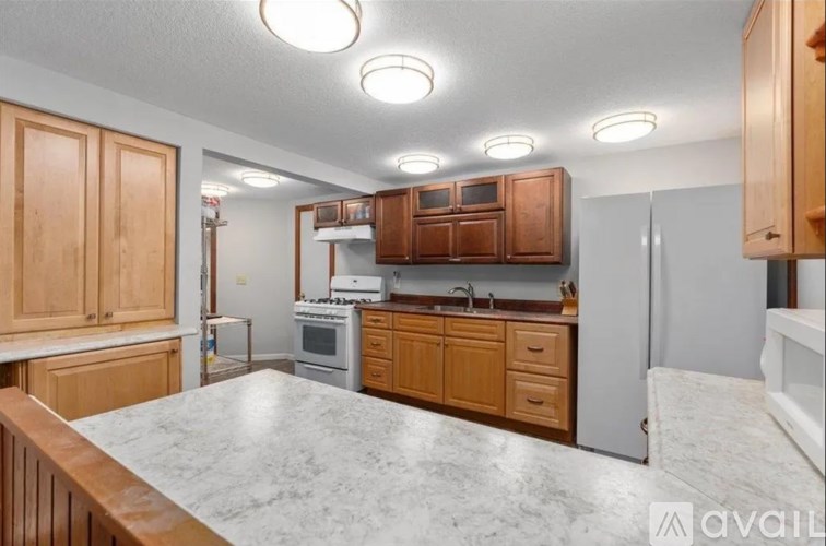 A kitchen with wooden cabinets and a marble countertop.