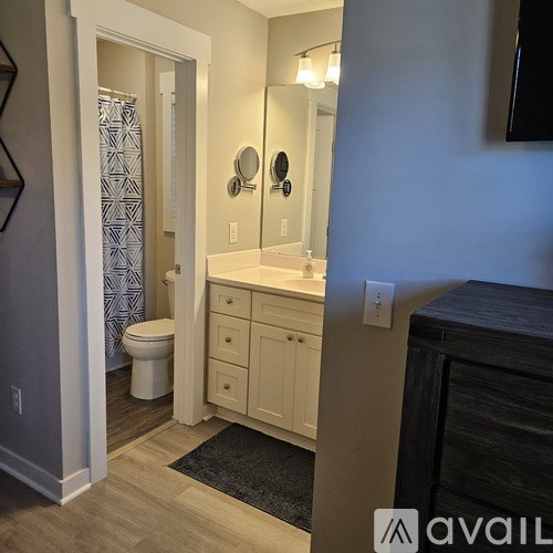 A bathroom with a toilet, sink, and mirror.