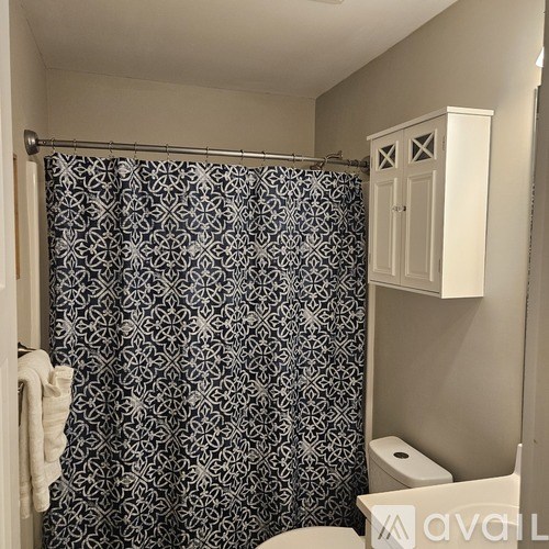 A bathroom with a toilet, a shower curtain, and a towel.