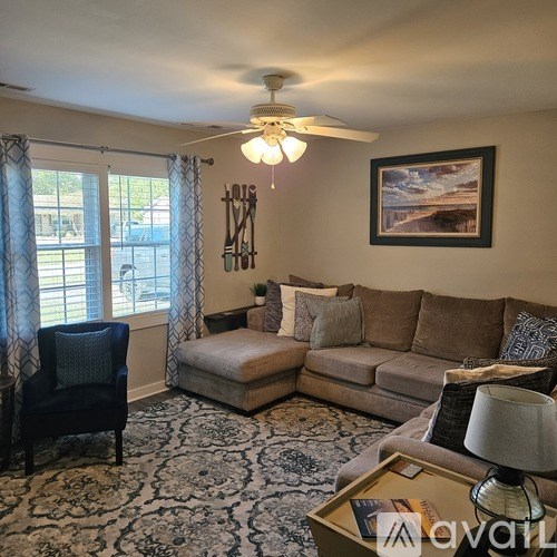 A living room with a couch, chair, and a rug.