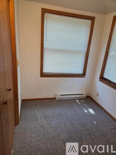 A room with a carpeted floor, a window with blinds, and a wooden door.