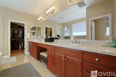 A large bathroom with a vanity and a walk-in closet.