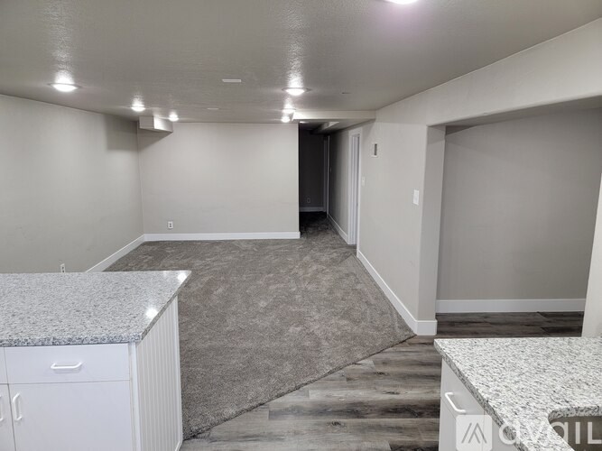 A spacious room with a kitchen area and a carpeted floor.