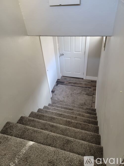 A staircase with a carpeted runner and a white door at the top.