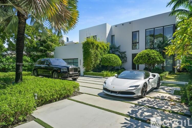 A white sports car is parked in front of a modern house.