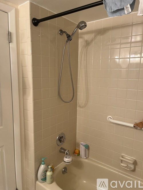 A bathroom with a shower and a white door.
