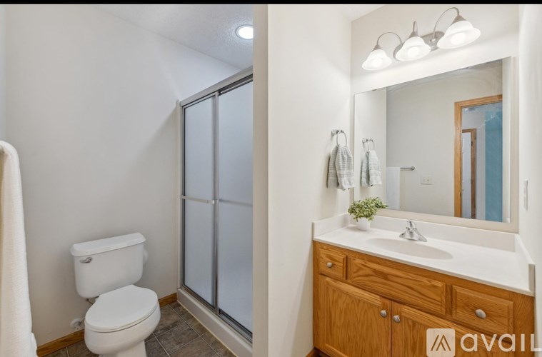 A bathroom with a toilet, sink, and mirror.