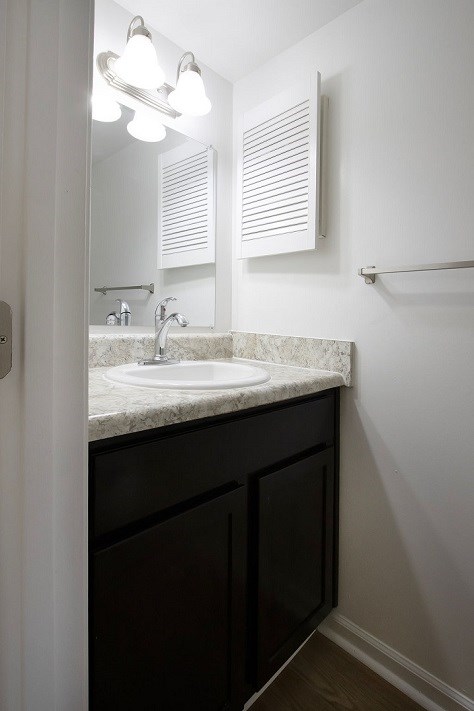 A bathroom with a sink and a mirror.