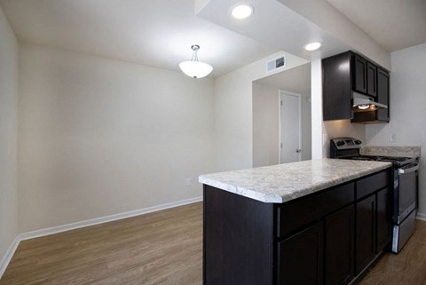 A kitchen with a white countertop and black cabinets.