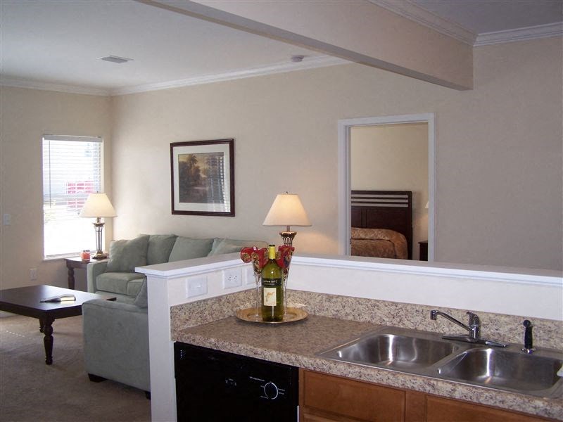 a living room with a kitchen sink and a couch