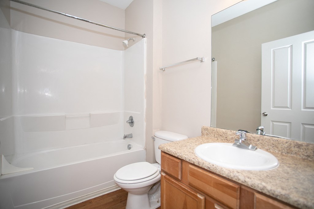 a bathroom with a shower toilet and sink and a mirror