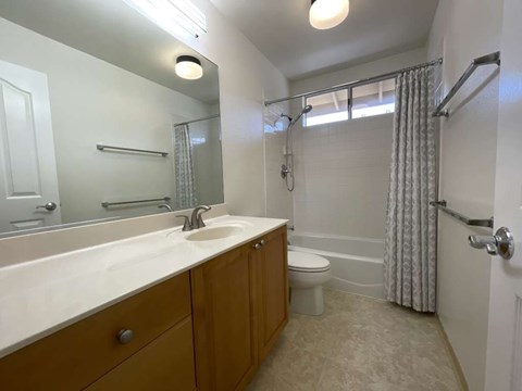 A bathroom with a sink, toilet, and shower.