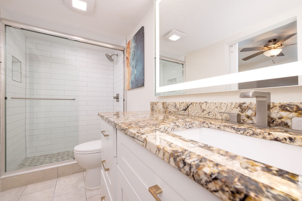 A bathroom with a marble counter top and a walk in shower.