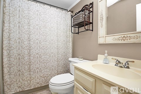 A bathroom with a toilet, sink, and shower curtain.