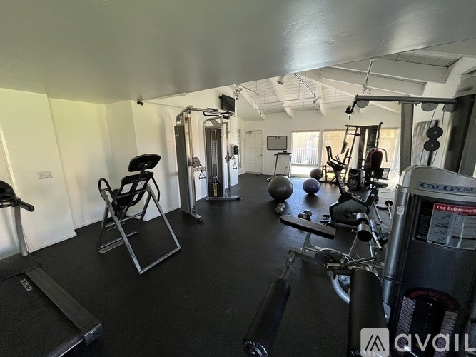 A gym with a variety of equipment including a treadmill, weights, and a bench press.