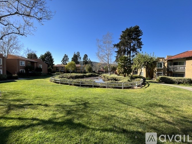 A sunny day in a neighborhood with a well-maintained lawn and a small pond.