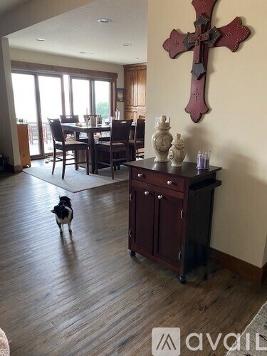 A dog is walking in a house with a wooden floor.