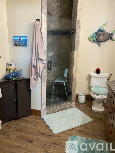 A bathroom with a toilet, a chair, a cabinet, a towel, a fish decoration, and a painting.