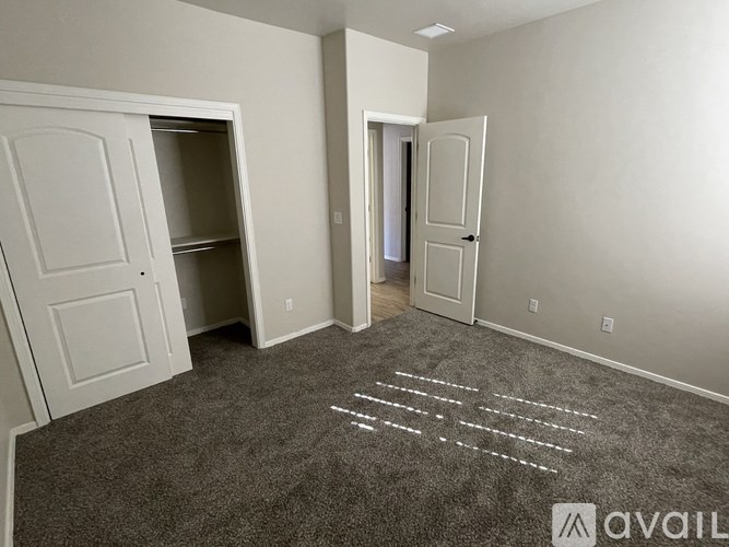 A room with a carpet and two open doors.