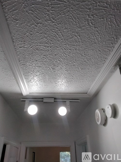 A white ceiling with a textured surface and two lights.