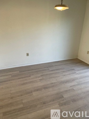 A room with wooden flooring and a light fixture.