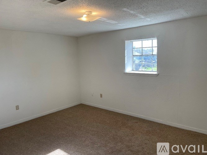 A room with a carpeted floor and a window.