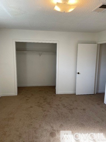 A room with a carpeted floor and a white door.