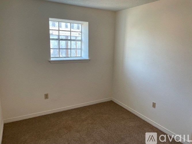 A room with a carpeted floor and a window.