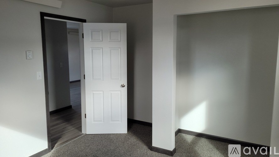 A white door is open in a room with a carpeted floor.