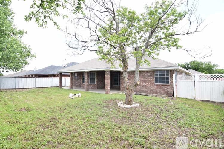 A tree in front of a house with a white fence.