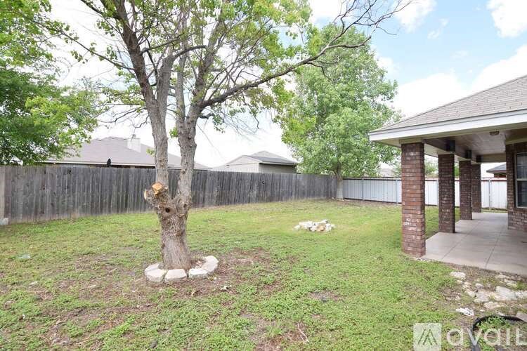 A tree in a backyard with a house in the background.