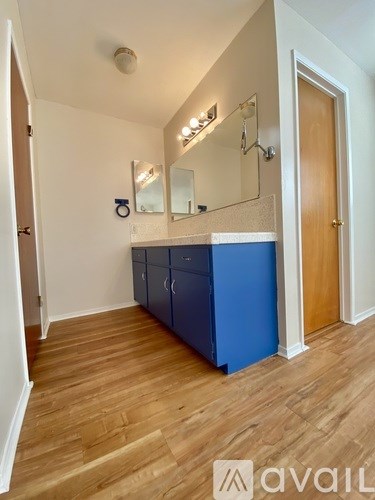A bathroom with a blue cabinet and wooden floors.