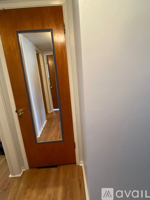A brown door with a mirror on it.