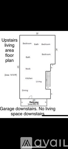 A floor plan of an upstairs living area with two bedrooms, a bathroom, a kitchen, a dining area, and a nook.