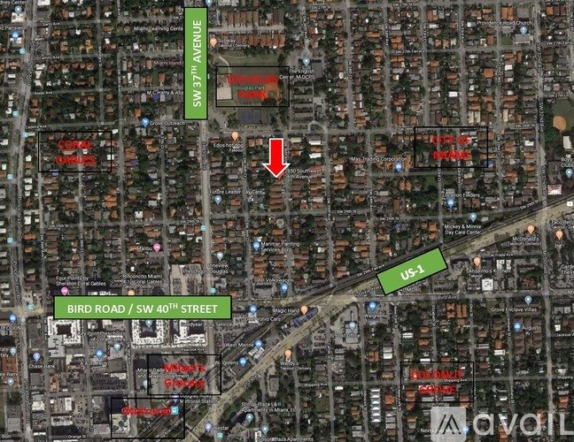 A map shows a green arrow pointing to the intersection of Bird Road and SW 40th Street.
