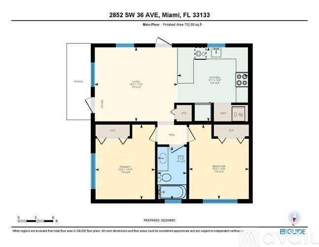 A floor plan for a property at 2852 SW 36 Ave, Miami, FL 33133 is displayed.