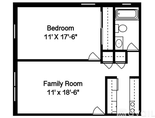 A floor plan of a bedroom and family room with dimensions.