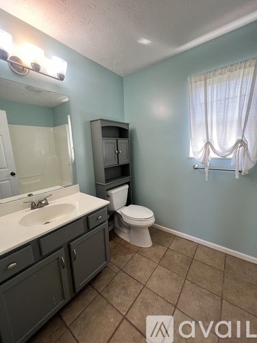 A bathroom with a toilet, sink, and cabinet.