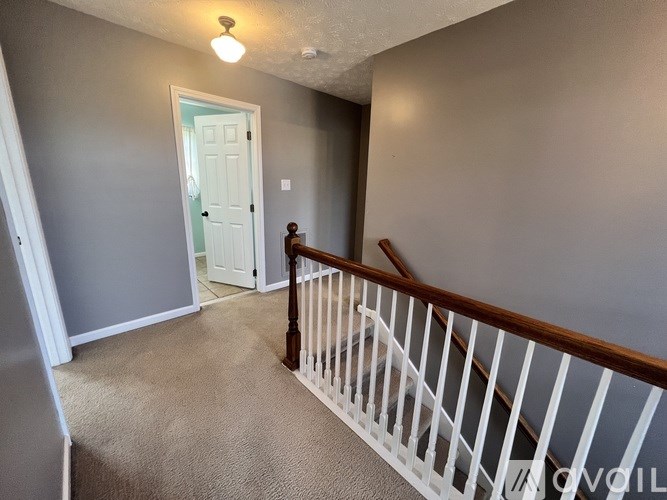 A hallway with a white door and a light on the ceiling.