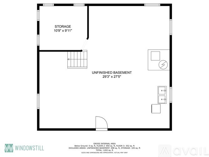A floor plan for an unfinished basement with a storage area and a windowless area.