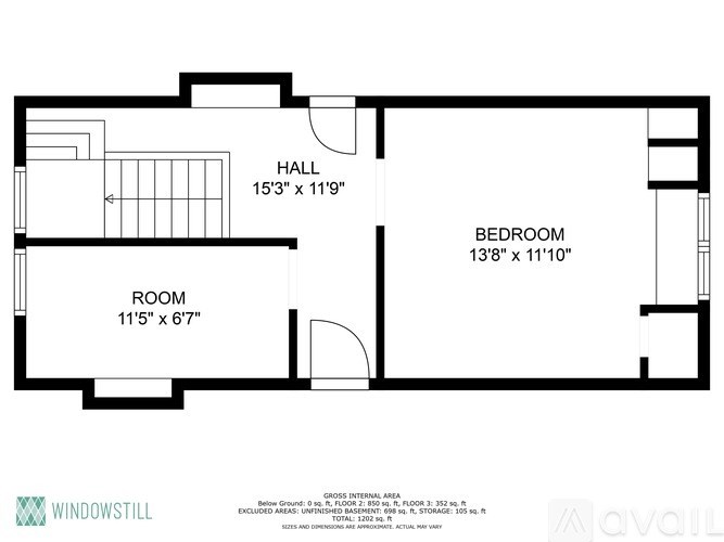 A floor plan of a room with a hall, bedroom and a room with dimensions provided.