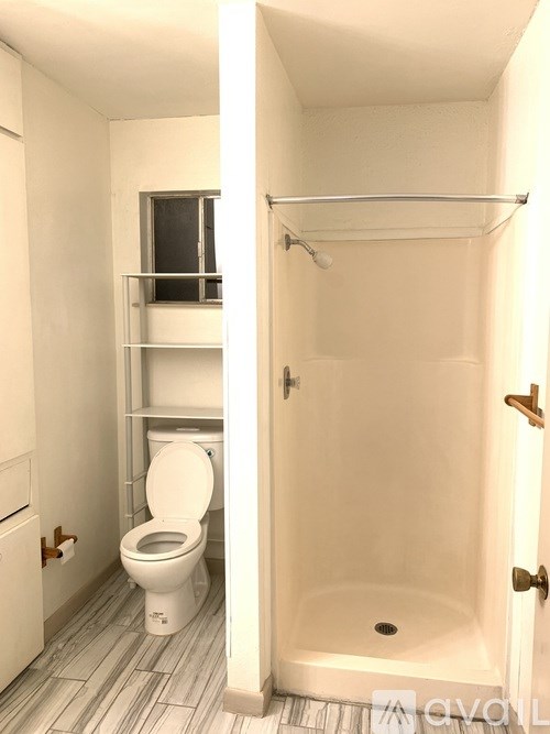 A white bathroom with a toilet and a walk in shower.