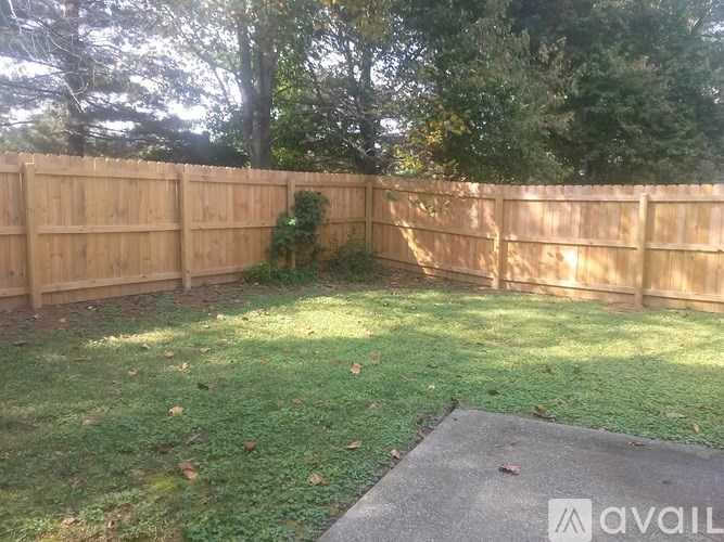 A backyard with a wooden fence and a concrete slab.