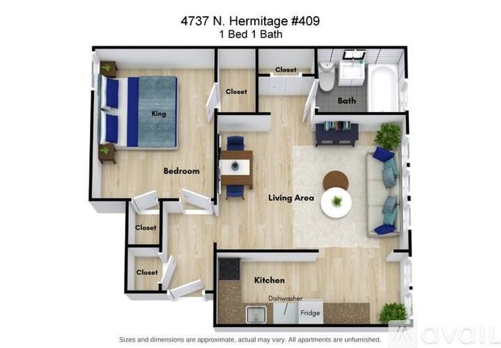 A floor plan of a 1 Bed 1 Bath apartment at 4737 N. Hermitage #409.